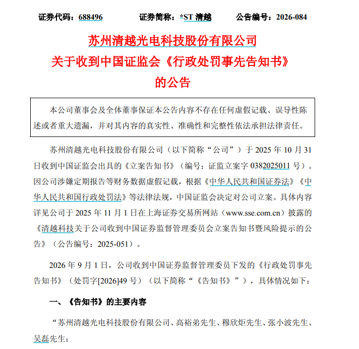 涉欺诈发行	、信披违法，*ST清越被罚1.72亿元	，股票濒临退市